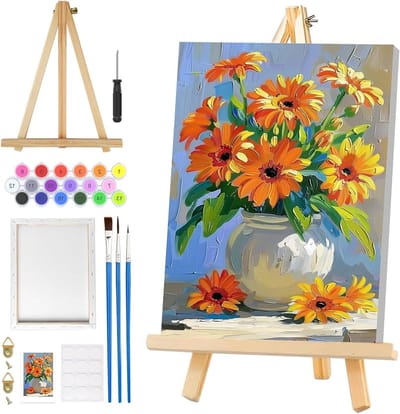 Schilderen op nummer voor volwassenen: bloemen in vaas met frame, DIY acrylverf schilderkit, creatief kunstproject voor ontspanning