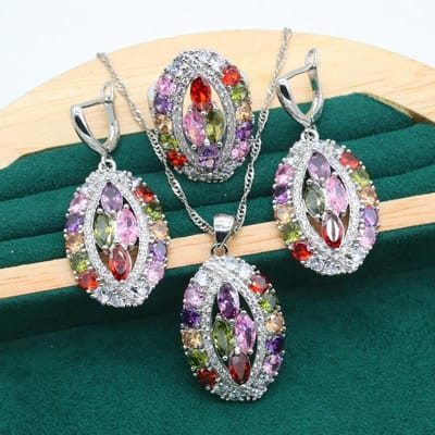 Nieuwe Europese en N Mode Sieraden Anti Allergie AAA Zirkoon Ketting Oorbel Ring Sieradenset 10 yards gray