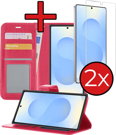 Hoesje - Met 2x Screenprotector - Geschikt voor Samsung Galaxy S25 Ultra - Luxe Pasjeshouder - Flip Case - Bookcase Portemonee - Kunstleer Book Case - Flipcase Hoes - Book Cover - Walletcase - Portemonneehoes - Telefoonhoes - Donkerroze