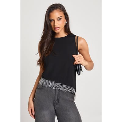 boohoo Dames Diamante afwerking asymmetrische top | Black | Maat: 6