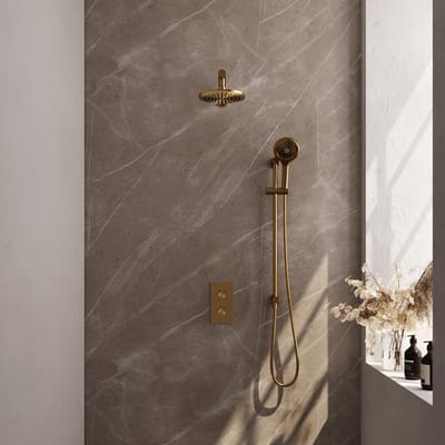 Brauer Gold Carving Thermostatische Regendoucheset Inbouw - Hoofddouche 20 cm - Rechte Wandarm - 3 Weg - Handdouche 3 Standen - Doucheslang - Geintegreerde Glijstang - Geborsteld Goud