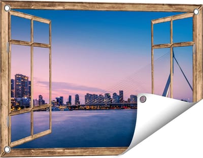 Gards Tuinposter Doorkijk Erasmusbrug in Rotterdam met Zonsondergang - 60x40 cm - Tuindoek - Tuindecoratie - Wanddecoratie buiten - Tuinschilderij