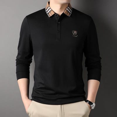 T-shirts met lange mouwen voor jonge en middelbare mannen, modieuze en casual katoenen poloshirts in effen kleur, dunne, losse en eenvoudige basisshirts XXXXL black