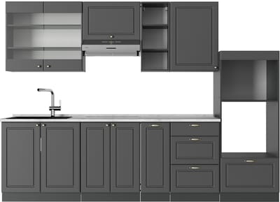 Vicco Fame-Line Complete keukeneenheid – 280 cm, WB Marmer Anthrazit-Gold Landhaus