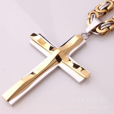 Europese en Amerikaanse Mannen Sieraden Titanium Staal Roestvrij Staal Kruis Hanger Platte Schakel Ketting Ketting Galvaniseren Goud beige