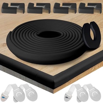 Babyproof Hoek- en Randbeschermers Set - 6,4 meter Totale Lengte, 8 Zelfklevende Hoekbeschermers, 4 Ladesloten en Deurstopper, 7 mm Dik Schokabsorberend Schuim, Zwart