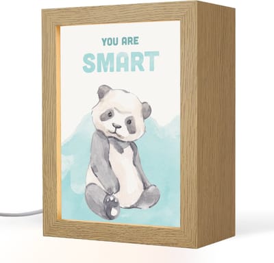 Nachtlampje 15x20 cm - Kinder lampje - Panda - Blauw - Quote - 'You are smart' - Tafellamp kinderkamer - Slaapkamer lamp - Bedlamp kinderen - Kinderlampje stopcontact - Wandlamp babykamer - Nachtlampjes