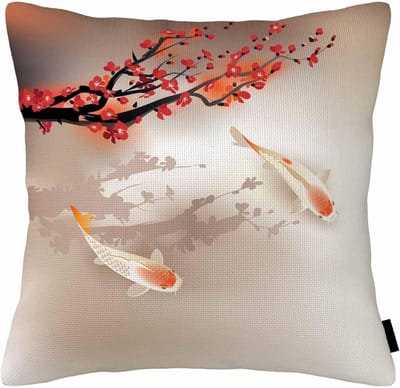 Famanu – Kussenhoezen Koi vis Sakura tak en bladeren heilige dieren in kleine waterlichaam kussensloop woondecoratie kussensloop 45 x 45 cm