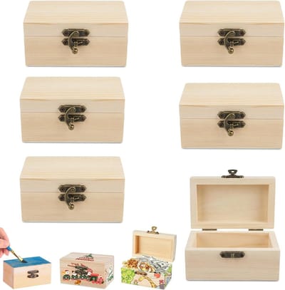 Houten Mini Schatkist Set van 6 Stuks, DIY Doosje met Deksel voor Sieraden, Decoratie en Knutselen, 9 x 5.5 x 5 cm