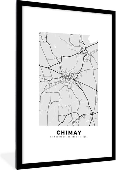 Fotolijst incl. Poster Zwart Wit- Zwart Wit – België – Plattegrond – Stadskaart – Kaart – Chimay - 60x90 cm - Posterlijst