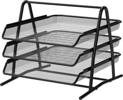 Famanu – Bureau organizer met 3 niveaus – Documenten- en ladekast voor A4 papier – Metalen mesh computer- en kantoororganizer – Zwart