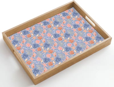 Dienblad hout 50x35 cm - Schootdienblad - Kust - Zee - Blauw - Roze - Borrelplank rechthoek - Plateau dienbladen