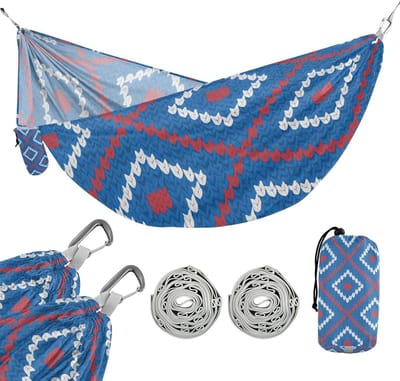 Camping Hangmat - Reishangmat Schommel - Ontspannen Buiten - Met Opbergvak - 290x138cm - Rood Blauw Grid
