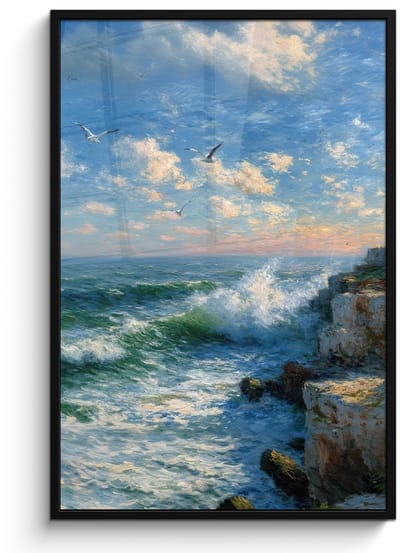 Poster in lijst - Fotolijst 80x120 cm - Posters - Zee - Golven - Rotsen - Meeuwen - Posterlijst zwart - Decoratie - Wanddecoratie woonkamer - Muurdecoratie slaapkamer