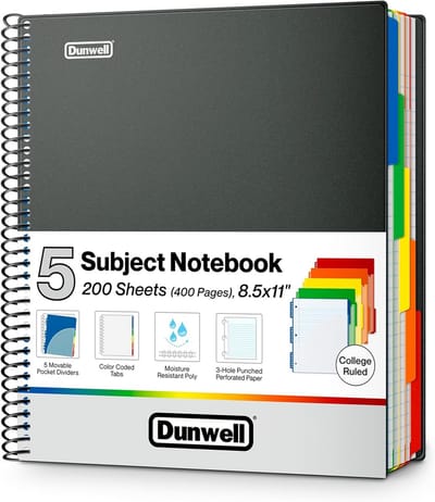 Spiraal notitieboek 5 vakken 8,5x11 inch - 200 vellen college-geglijd papier met verstelbare polypropyleen vakscheidingen en zakken, afneembare plastic omslag