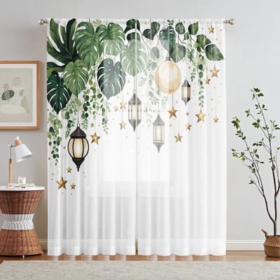 2 pièces HD numérique vert banane suspendu cloche arbre imprimé cantonnière de fenêtre style de décoration de la maison salon décoratif chambre R W52H63inchW132H160cm white
