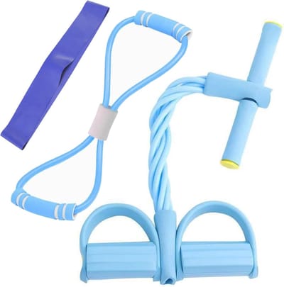 Fitnessband met Pedaal - Buikspiertrainer - Thuis Trainen - 3 Delige Set - 13x39cm - Blauw