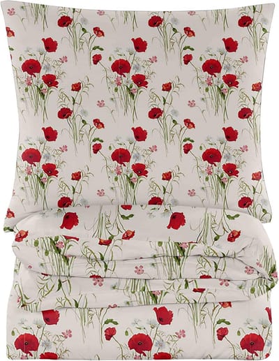 Dailygoods- Beddengoed 155 x 200 cm - Katoenen Dekbedovertrek 155 x 200 cm - 2 Kussenslopen 70 x 80 cm - 3-delige Set - Wit met Klaprozen
