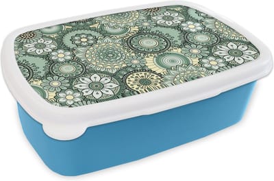 Broodtrommel Blauw - Lunchbox - Brooddoos - Bloemen - Groen - Patronen - 18x12x6 cm - Kinderen - Jongen