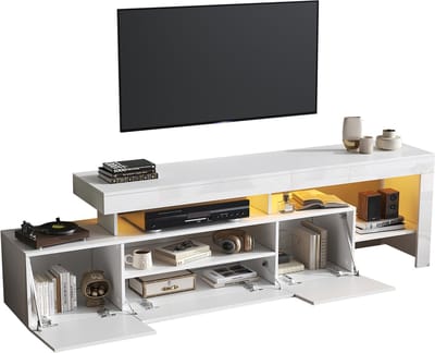 MODFU TV-meubel 192 x 37 x 53 cm van spaanplaat, wit hoogglans met LED, 3 deuren en open vakken