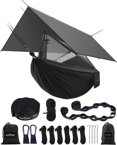 Kampeer hangmat - Buitenbed - Ontspannen buiten - Waterdichte tent inbegrepen - 2.7 x 1.4 meter - Zwart Grijs