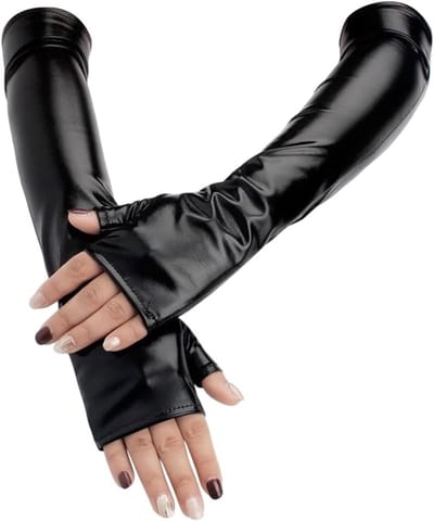 Vingerloze handschoenen van glanzend metaal en PU-leer voor rock- en podiumoptredens, lange halfpalm, rekbaar en stijlvol