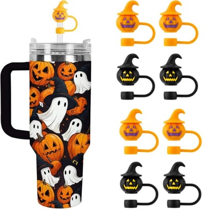 8-pack - Halloween siliconen rietjesdeksels - Pompoenkop rietjesdeksels - Stanley Cup rietjesdeksels - Herbruikbaar - Feestdecoraties - Stofdicht - Oranje en zwart - Past op rietjes van 8-10 mm