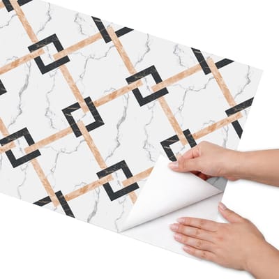 Coloray Meubel Wrap Folie - Beige Meubelfolie - 50x100 cm - Plakfolie Meubels Vlechtwerk op marmer - Decoratiefolie Zelfklevend - Geometrische Meubelfolie - Meubelfolie Zelfklevend - Badkamer decoratie - Geometrie