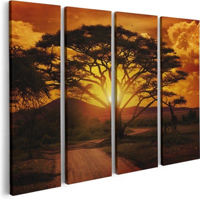 Artaza Canvas Schilderij Vierluik Zonsondergang Achter Een Savanne Boom - 80x60 - Foto Op Canvas - Canvas Print