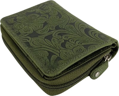 Portemonnee Dames - Buffelleer - Leer - RFID - Bloemenprint - Groen - Arrigo