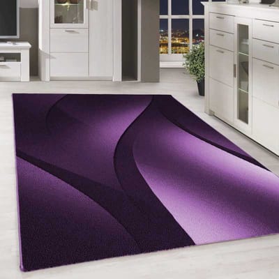 Modern abstract design vloerkleed met optische golven en korte pool, zwart, paars en wit. 80x300 cm