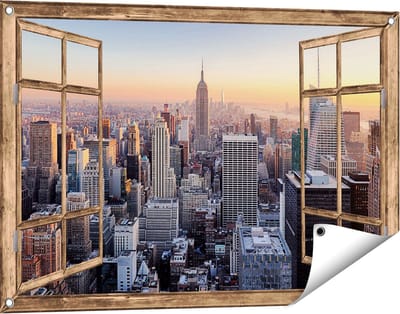 Gards Tuinposter Doorkijk New York Skyline met Wolkenkrabbers - 90x60 cm - Tuindoek - Tuindecoratie - Wanddecoratie buiten - Tuinschilderij