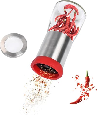 RVS en Glas Chili Molen voor Gedroogde Peper en Grof Kruiden, Ideaal voor Specerijen en Kruidensets
