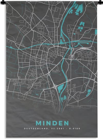 Wandkleed - Wanddoek - Stadskaart – Kaart – Minden – Blauw – Duitsland – Plattegrond - 120x180 cm - Wandtapijt