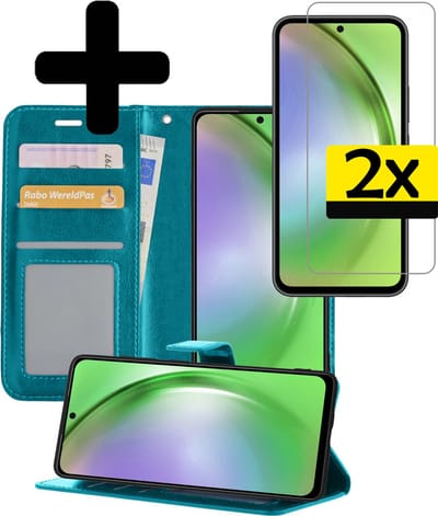 Hoesje - Met 2x Screenprotector - Geschikt voor Samsung Galaxy A54 - Luxe Pasjeshouder - Bookcase Portemonee - Flip Case - Kunstleer Book Case - Flipcase Hoes - Book Cover - Walletcase - Portemonneehoes - Telefoonhoesjes - Turquoise