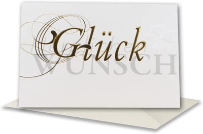 Wenskaart 90 set met enveloppen natuurlijk wit - motief klaverblad met blindreliëf lettertype en gouden foliereliëf - vouwkaart DIN B6 17,0 x 11,5 cm - voor verjaardag, bruiloft en geboorte