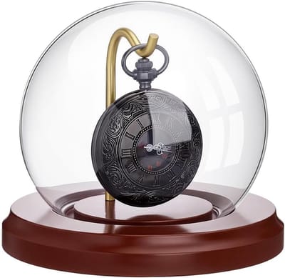 Decoratieve Glazen Display Cloche voor Pocket Watches, Medailles en Verzamelobjecten met Houten Basis en Metalen Haak - 11.3x9.5cm
