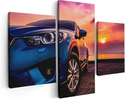 Artaza Canvas Schilderij Drieluik Blauwe Sportwagen Auto Bij Zonsondergang - 90x60 - Foto Op Canvas - Canvas Print