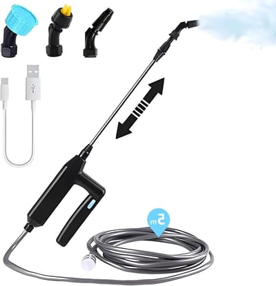 Draagbare elektrische watersproeier met batterij, multifunctionele drukspuit voor tuin, inclusief 5m slang en verlengstang, ideaal voor gazon, terras en onkruidbestrijding