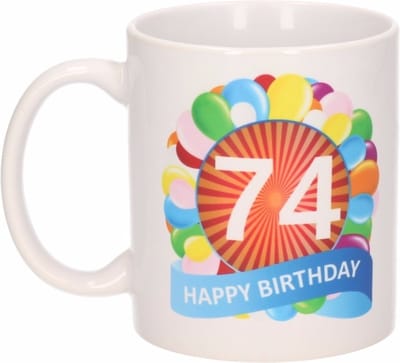 Beallatio Decorations - 74 jaar Verjaardag koffiemok - cadeau beker - feestelijke ballonnen print - 300 ml - keramiek - wit