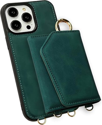 CaseMania Backcase hoesje geschikt voor iPhone 15 Pro Max - Effen Groen - Kunstleer - met Nekkoord, Pashouder en Spiegeltje