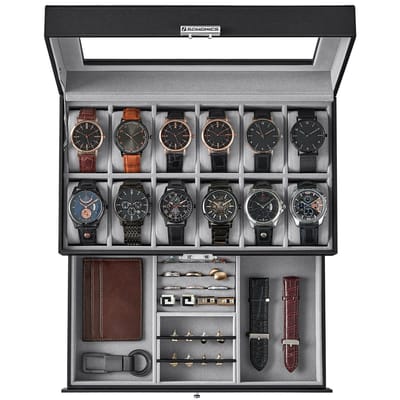 SONGMICS - Horloge Doos - Glazen Deksel - 2-Lagen Sieradendoos - 12 Horloges - Afsluitbaar met Lade