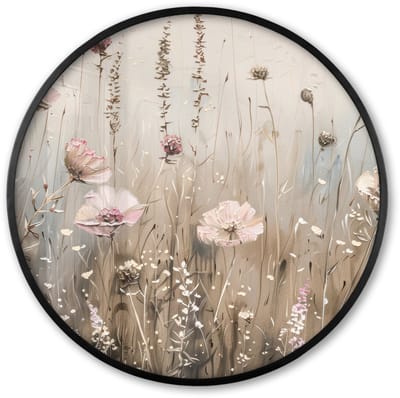 Poster in lijst Rond - Fotolijst 60x60 cm - Posters - Bloemen - Roze - Modern - Beige - Ronde posterlijst zwart - Decoratie - Wanddecoratie woonkamer - Muurdecoratie slaapkamer