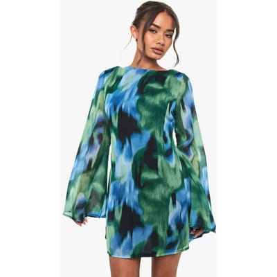 boohoo Dames Abstract bedrukte chiffon mini-jurk met uitlopende mouwen | Blauw | Maat: 36