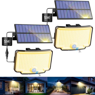 Set van 2 Buitenlampen met Bewegingsmelder en Zonnepaneel, Warmwit Licht, Waterdicht