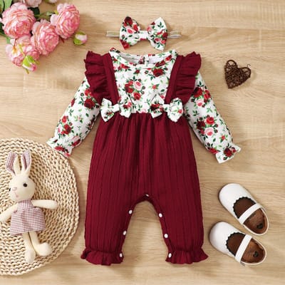 0-18 Maanden Pasgeboren Baby Meisje Romper Schattige Bloemen Lange Mouw met Strik Bodysuit+Hoofdband Baby Meisje Lente&Herfst Jumpsuit 3-6M white