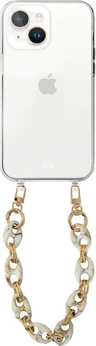 xoxo Wildhearts silicone case met koord - Transparant telefoonhoesje met koord - telefoonketting - Marble Creme - Kort koord - Cord Case - geschikt voor Apple iPhone 15 Plus hoesje - Ketting met marmere look - marmer - creme / beige