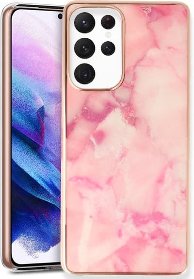 Casemania Hoesje Geschikt voor Samsung Galaxy S24 Ultra Roze - Siliconen Marmer Back Cover