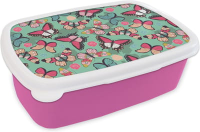 Broodtrommel Roze - Lunchbox - Brooddoos - Vlinders - Patronen - Lente - 18x12x6 cm - Kinderen - Meisje