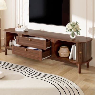 STILVORA TV-Kast - Lamellen Deuren Met Laden - Uniek Schuifdeurontwerp En Afgeronde Grepen Voor Woonkamer - MDF - 170x39,5x46 cm - Notenbruin